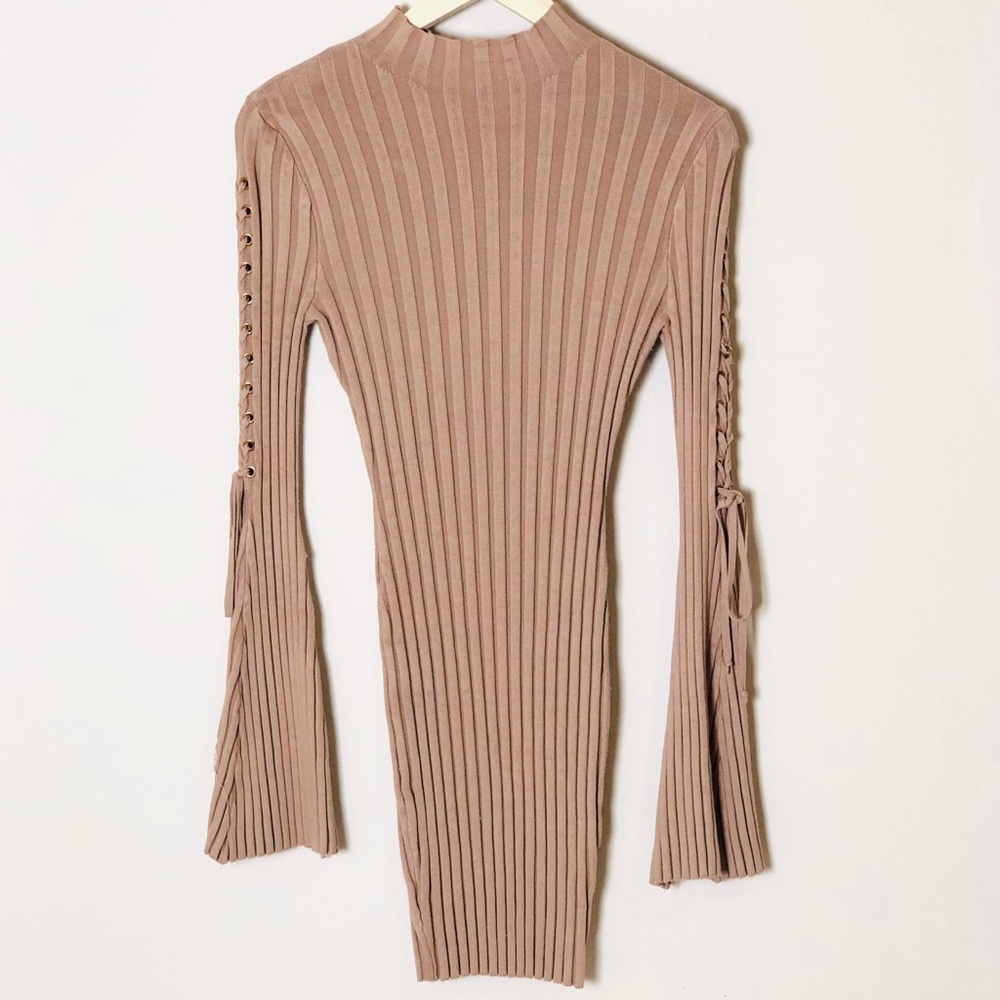 Nude Ribbed Flared Sleeve Midi Dress